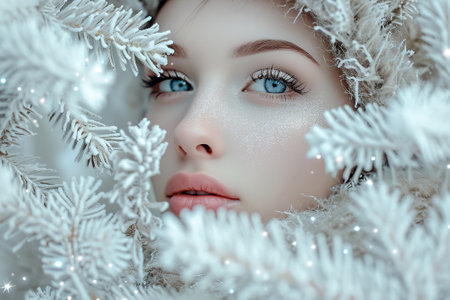 Close-up portrait of blonde woman, flying snowflakes, winter.の素材