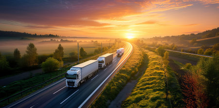 Truck driving on the asphalt road in rural landscape at sunset with dark clouds.の素材