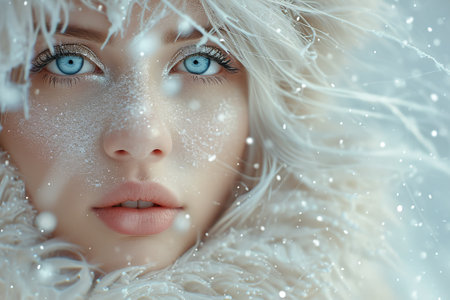 Close-up portrait of blonde woman, flying snowflakes, winter.の素材
