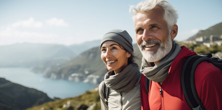 Senior tourist couple hiking and taking selfie at the beautiful mountainsの素材