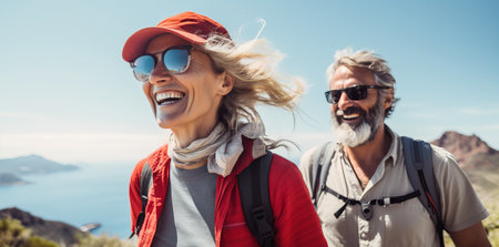Senior tourist couple hiking and taking selfie at the beautiful mountainsの素材