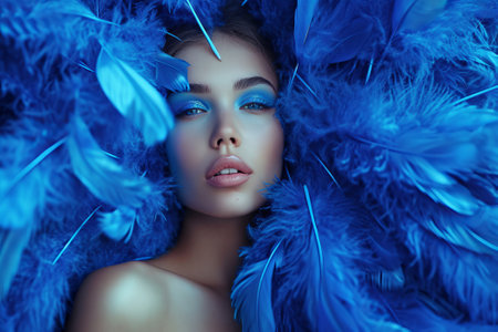 Fashion portrait of a beautiful girl surrounded by blue feathersの素材