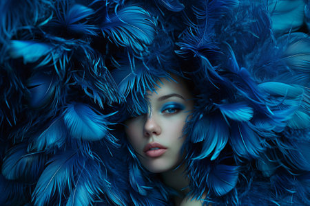 Fashion portrait of a beautiful girl surrounded by blue feathersの素材