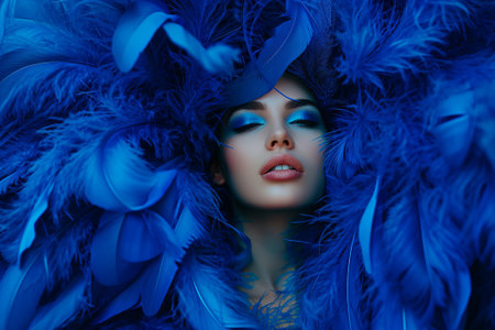 Fashion portrait of a beautiful girl surrounded by blue feathersの素材