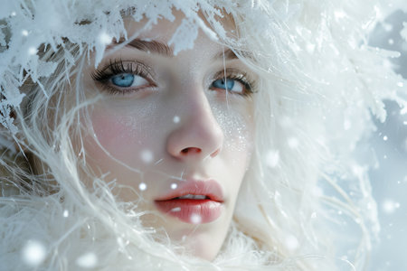 Close-up portrait of blonde woman, flying snowflakes, winterの素材