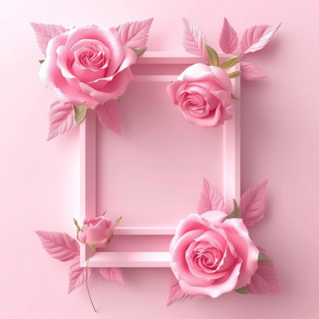 Blurred background with three roses of pink color. Copy space for your text. Mock up template. Can be used for wallpaper, wedding card, web page bannerの素材