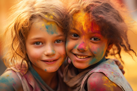 Holi celebrations - Group of kids playing Holi in India.の素材