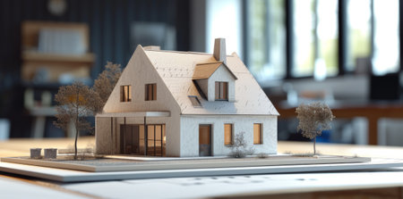Image of new model house on architecture blueprint.の素材