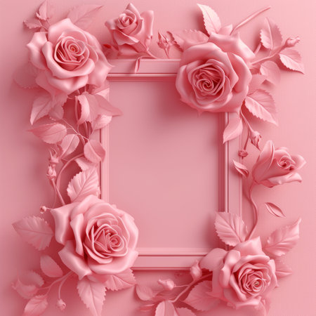 Blurred background with three roses of pink color. Copy space for your text. Mock up template. Can be used for wallpaper, wedding card, web page bannerの素材