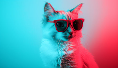 White cat in rose-colored glasses on two-tone background.の素材