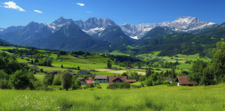 Summer in the famous Lauterbrunnen valley, Berner Oberland, Switzerland, Europe. Dramatic cliffs surrond the town with the iconic Staubbach waterfall adding to the stunning backdrop.の素材