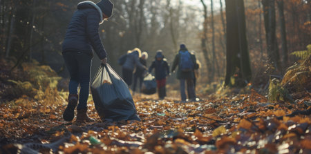 Group of volunteer people picking up plastic in forest, caring for nature, cleaning in park, outdoor trash and rubbish.の素材