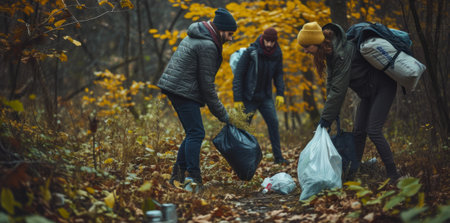 Group of volunteer people picking up plastic in forest, caring for nature, cleaning in parkの素材