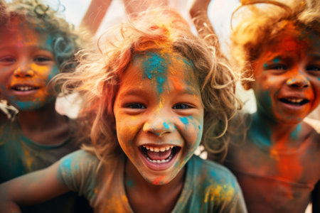 Holi celebrations - Group of kids playing Holi in India.の素材