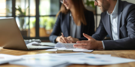 Team of diverse partners mature Latin business man and European business woman discussing project on tablet sitting at table in office. Two colleagues of professional business people working together.の素材
