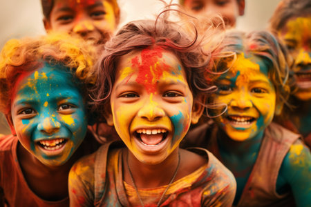 Holi celebrations - Group of kids playing Holi in India.の素材