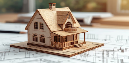 Image of new model house on architecture blueprint.の素材