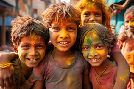 Holi celebrations - Group of kids playing Holi in India.の素材