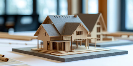 Image of new model house on architecture blueprint.の素材