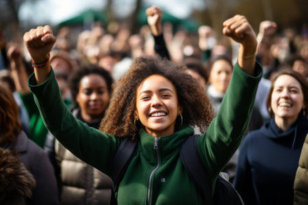 Protest, stop hands and black woman with people.fighting for peace, end to racial discrimination or freedom. Politics, justice or rally, activism or group demand social change or human rights.の素材