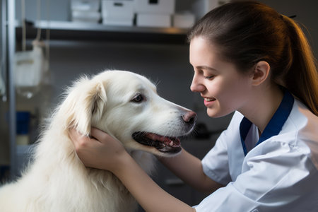 Cropped portrait of unrecognizable male veterinarian examining white Labrador dog at vet clinic, copy spaceの素材