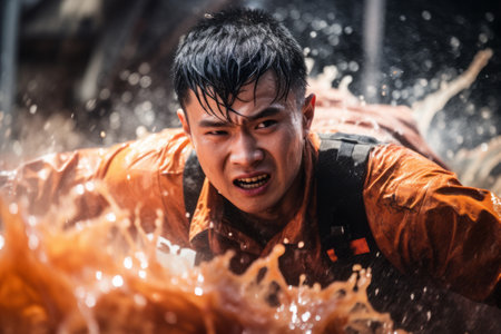 Asian-looking lifeguard in turbulent water.の素材