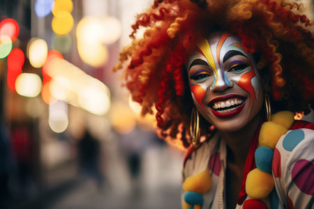 Cheerful clown woman smiling on city streetの素材