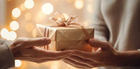 Male hand passes gift box to female hand.の素材