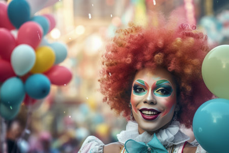 Cheerful clown woman smiling on city streetの素材