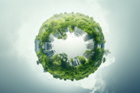 Green Trees on Earth in Space. Ecology Friendly. World Environment and Sustainable Development concept.の素材