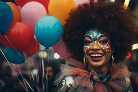 Cheerful clown woman smiling on city streetの素材