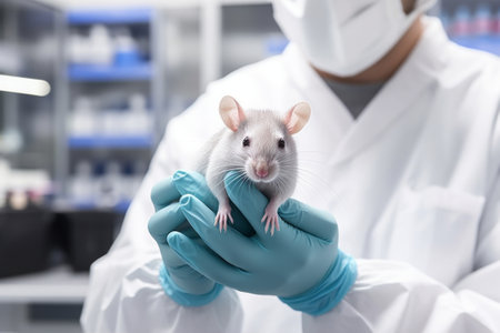 A live white laboratory experimental mouse sits on pills. Concept medical manipulation on animals, vaccine experiment, testing of drugs, vitamins.の素材