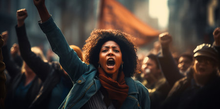 Protest, stop hands and black woman with people.fighting for peace, end to racial discrimination or freedom. Politics, justice or rally, activism or group demand social change or human rights.の素材