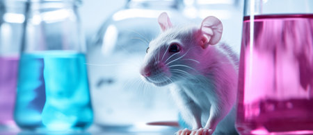 A live white laboratory experimental mouse sits on pills. Concept medical manipulation on animals, vaccine experiment, testing of drugs, vitamins.の素材