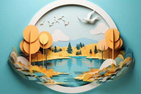 Paper art landscape with mountains, trees, flowers, river, birds, and clouds on blue background.の素材