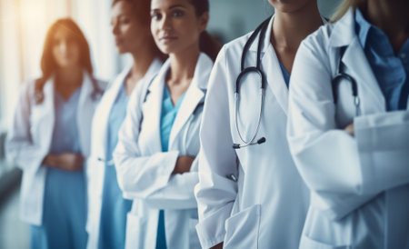 health care, profession, people and medicine concept - close up of happy female doctor or nurse with stethoscope over group of medics at hospitalの素材