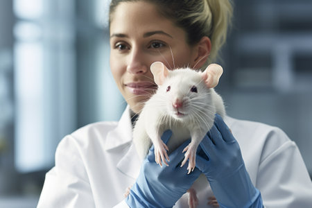 Scientist holding white laboratory mouse (mus musculus) in hands.の素材