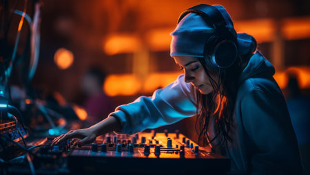 Cool female Asian dj is working in a nightclub, standing at turntables, creating a dance music set - nightlife concept.の素材