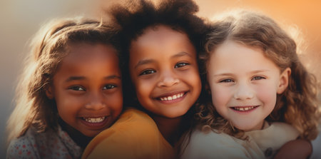 Children of different races hugging each other and smiling.の素材
