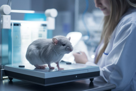 A live white laboratory experimental mouse sits on pills. Concept medical manipulation on animals, vaccine experiment, testing of drugs, vitamins.の素材