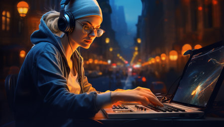 Cool female Asian dj is working in a nightclub, standing at turntables, creating a dance music set - nightlife concept.の素材