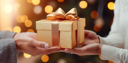 Male hand passes gift box to female hand.の素材