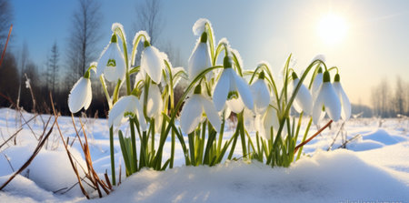 View of the spring flowers in the park. New fresh snowdrop blossom on beautiful morning with sunlight. Wildflowers in nature.の素材