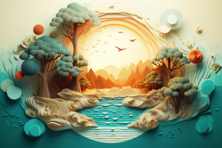 Paper art landscape with mountains, trees, flowers, river, birds, and clouds on blue background.の素材