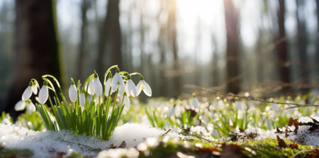 View of the spring flowers in the park. New fresh snowdrop blossom on beautiful morning with sunlight. Wildflowers in nature.の素材