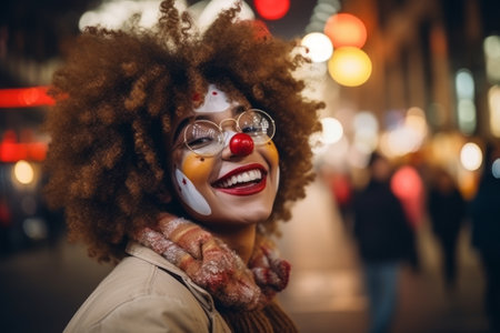 Cheerful clown woman smiling on city streetの素材