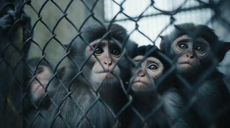 monkey in zoo or laboratory in cage. abe behind the bars.の素材