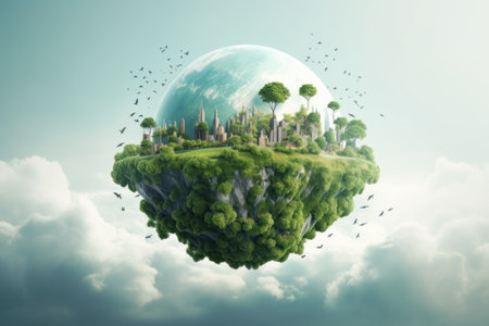Green Trees on Earth in Space. Ecology Friendly. World Environment and Sustainable Development concept.の素材
