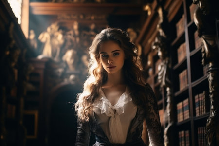 Portrait of attractive woman in beautiful public library.の素材
