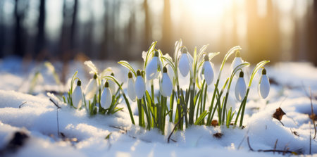 View of the spring flowers in the park. New fresh snowdrop blossom on beautiful morning with sunlight. Wildflowers in nature.の素材